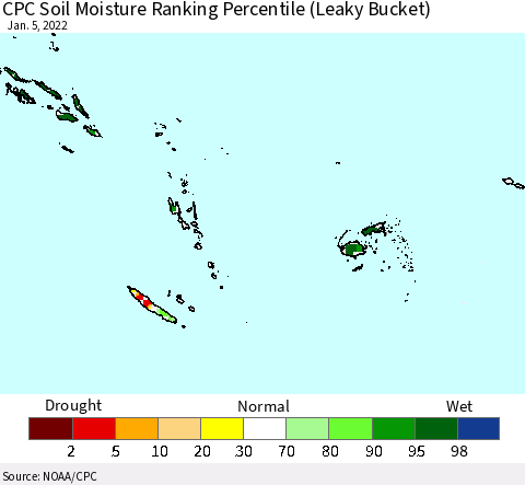 Fiji, Samoa, Solomon Isl. and Vanuatu CPC Soil Moisture Ranking Percentile (Leaky Bucket) Thematic Map For 1/1/2022 - 1/5/2022