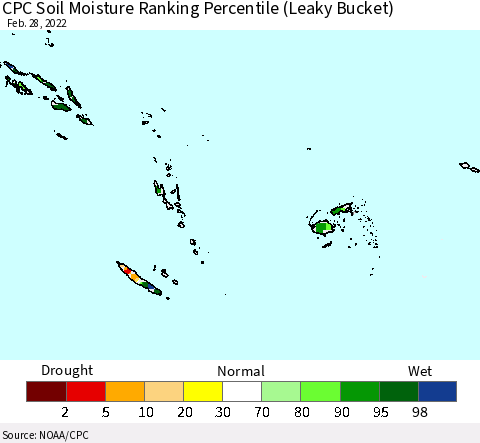 Fiji, Samoa, Solomon Isl. and Vanuatu CPC Soil Moisture Ranking Percentile (Leaky Bucket) Thematic Map For 2/26/2022 - 2/28/2022