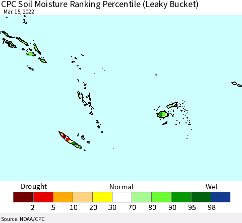 Fiji, Samoa, Solomon Isl. and Vanuatu CPC Soil Moisture Ranking Percentile (Leaky Bucket) Thematic Map For 3/11/2022 - 3/15/2022