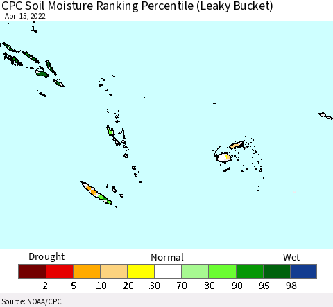 Fiji, Samoa, Solomon Isl. and Vanuatu CPC Soil Moisture Ranking Percentile (Leaky Bucket) Thematic Map For 4/11/2022 - 4/15/2022
