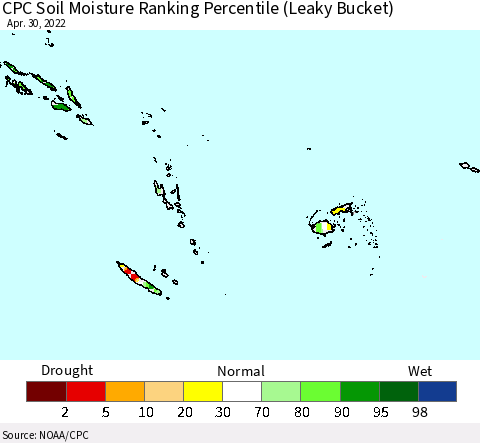 Fiji, Samoa, Solomon Isl. and Vanuatu CPC Soil Moisture Ranking Percentile (Leaky Bucket) Thematic Map For 4/26/2022 - 4/30/2022