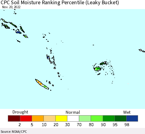 Fiji, Samoa, Solomon Isl. and Vanuatu CPC Soil Moisture Ranking Percentile (Leaky Bucket) Thematic Map For 11/16/2022 - 11/20/2022