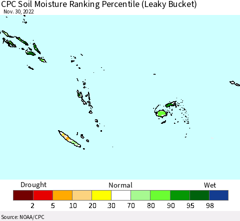 Fiji, Samoa, Solomon Isl. and Vanuatu CPC Soil Moisture Ranking Percentile (Leaky Bucket) Thematic Map For 11/26/2022 - 11/30/2022