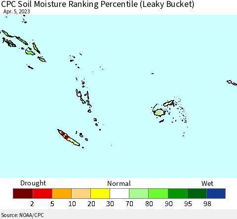 Fiji, Samoa, Solomon Isl. and Vanuatu CPC Soil Moisture Ranking Percentile (Leaky Bucket) Thematic Map For 4/1/2023 - 4/5/2023