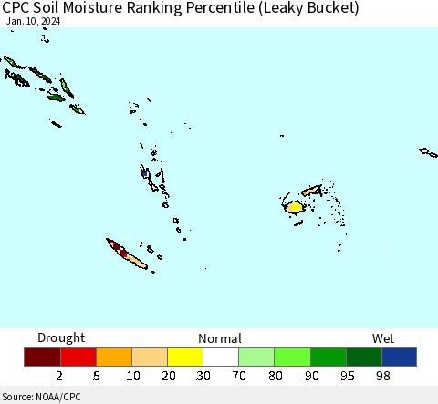Fiji, Samoa, Solomon Isl. and Vanuatu CPC Soil Moisture Ranking Percentile (Leaky Bucket) Thematic Map For 1/6/2024 - 1/10/2024