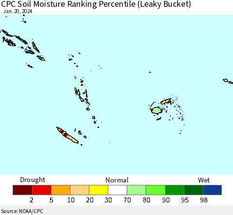 Fiji, Samoa, Solomon Isl. and Vanuatu CPC Soil Moisture Ranking Percentile (Leaky Bucket) Thematic Map For 1/16/2024 - 1/20/2024