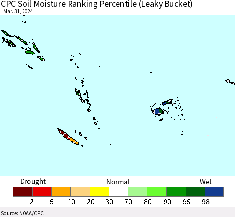 Fiji, Samoa, Solomon Isl. and Vanuatu CPC Soil Moisture Ranking Percentile (Leaky Bucket) Thematic Map For 3/26/2024 - 3/31/2024