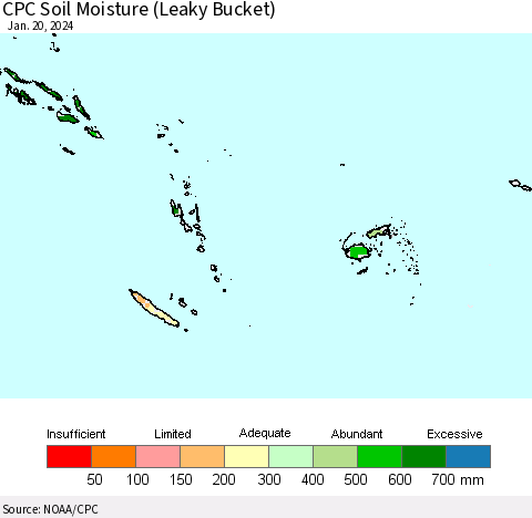 Fiji, Samoa, Solomon Isl. and Vanuatu CPC Soil Moisture (Leaky Bucket) Thematic Map For 1/16/2024 - 1/20/2024