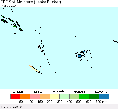 Fiji, Samoa, Solomon Isl. and Vanuatu CPC Soil Moisture (Leaky Bucket) Thematic Map For 3/26/2024 - 3/31/2024