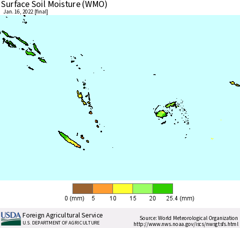 Fiji, Samoa, Solomon Isl. and Vanuatu Surface Soil Moisture (WMO) Thematic Map For 1/10/2022 - 1/16/2022