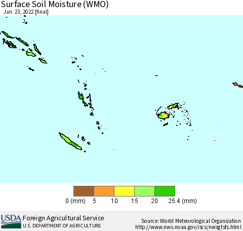 Fiji, Samoa, Solomon Isl. and Vanuatu Surface Soil Moisture (WMO) Thematic Map For 1/17/2022 - 1/23/2022