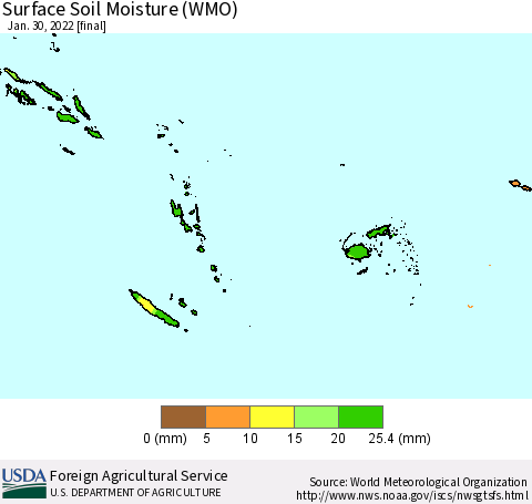 Fiji, Samoa, Solomon Isl. and Vanuatu Surface Soil Moisture (WMO) Thematic Map For 1/24/2022 - 1/30/2022
