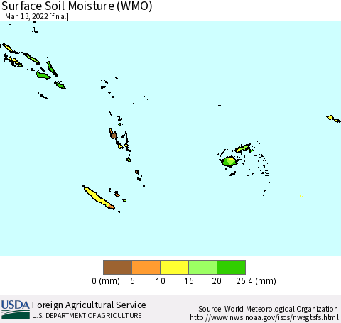 Fiji, Samoa, Solomon Isl. and Vanuatu Surface Soil Moisture (WMO) Thematic Map For 3/7/2022 - 3/13/2022