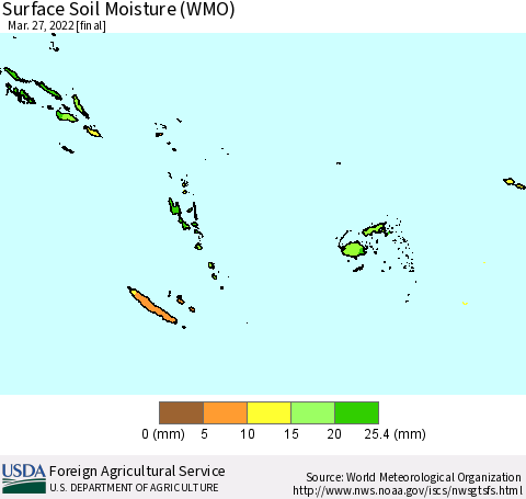 Fiji, Samoa, Solomon Isl. and Vanuatu Surface Soil Moisture (WMO) Thematic Map For 3/21/2022 - 3/27/2022