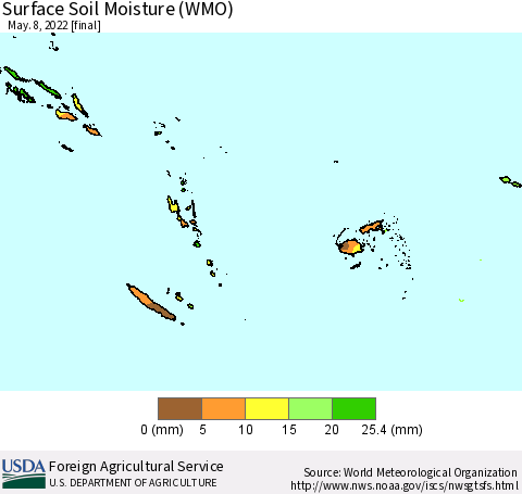 Fiji, Samoa, Solomon Isl. and Vanuatu Surface Soil Moisture (WMO) Thematic Map For 5/2/2022 - 5/8/2022