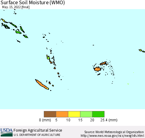 Fiji, Samoa, Solomon Isl. and Vanuatu Surface Soil Moisture (WMO) Thematic Map For 5/9/2022 - 5/15/2022