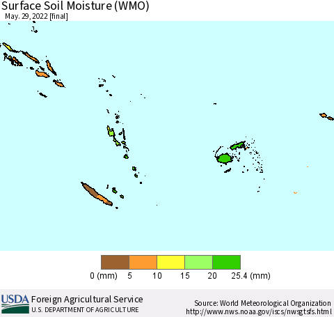 Fiji, Samoa, Solomon Isl. and Vanuatu Surface Soil Moisture (WMO) Thematic Map For 5/23/2022 - 5/29/2022