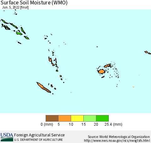 Fiji, Samoa, Solomon Isl. and Vanuatu Surface Soil Moisture (WMO) Thematic Map For 5/30/2022 - 6/5/2022
