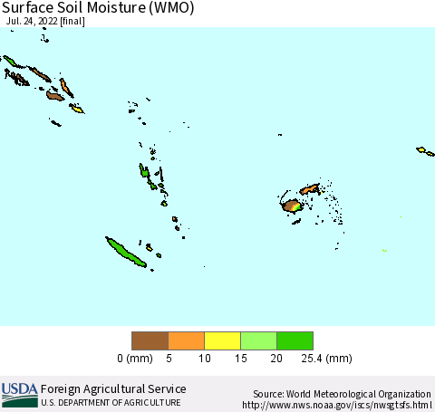 Fiji, Samoa, Solomon Isl. and Vanuatu Surface Soil Moisture (WMO) Thematic Map For 7/18/2022 - 7/24/2022