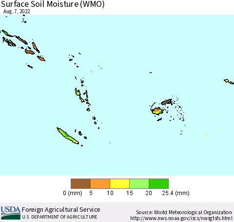 Fiji, Samoa, Solomon Isl. and Vanuatu Surface Soil Moisture (WMO) Thematic Map For 8/1/2022 - 8/7/2022