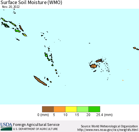Fiji, Samoa, Solomon Isl. and Vanuatu Surface Soil Moisture (WMO) Thematic Map For 11/14/2022 - 11/20/2022
