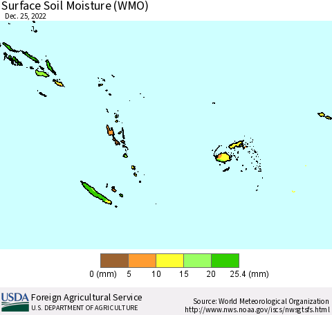 Fiji, Samoa, Solomon Isl. and Vanuatu Surface Soil Moisture (WMO) Thematic Map For 12/19/2022 - 12/25/2022