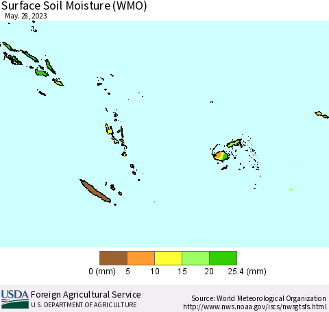 Fiji, Samoa, Solomon Isl. and Vanuatu Surface Soil Moisture (WMO) Thematic Map For 5/22/2023 - 5/28/2023