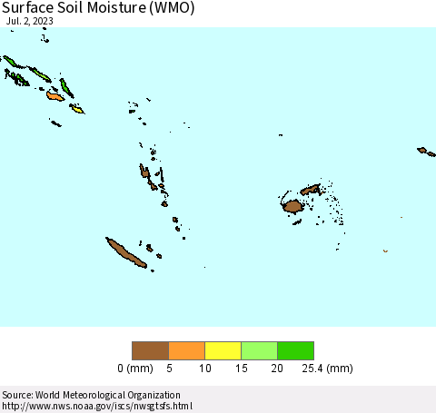 Fiji, Samoa, Solomon Isl. and Vanuatu Surface Soil Moisture (WMO) Thematic Map For 6/26/2023 - 7/2/2023