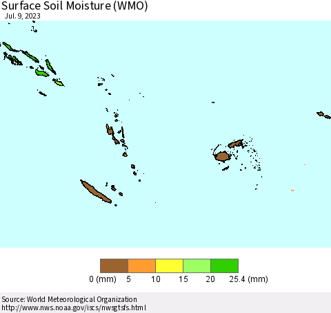 Fiji, Samoa, Solomon Isl. and Vanuatu Surface Soil Moisture (WMO) Thematic Map For 7/3/2023 - 7/9/2023