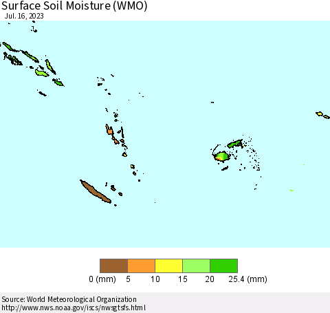 Fiji, Samoa, Solomon Isl. and Vanuatu Surface Soil Moisture (WMO) Thematic Map For 7/10/2023 - 7/16/2023