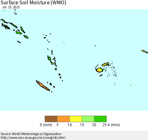 Fiji, Samoa, Solomon Isl. and Vanuatu Surface Soil Moisture (WMO) Thematic Map For 7/17/2023 - 7/23/2023