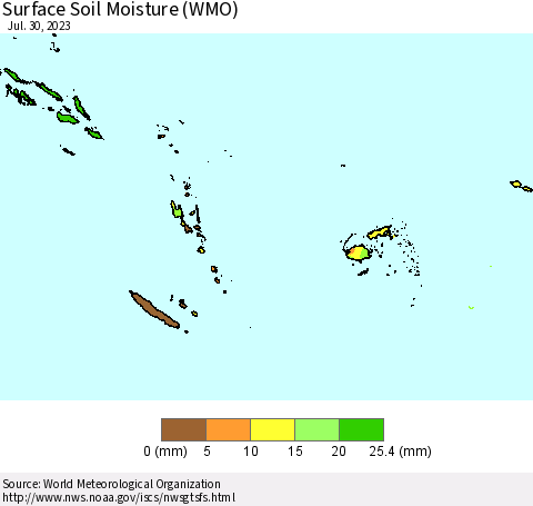 Fiji, Samoa, Solomon Isl. and Vanuatu Surface Soil Moisture (WMO) Thematic Map For 7/24/2023 - 7/30/2023
