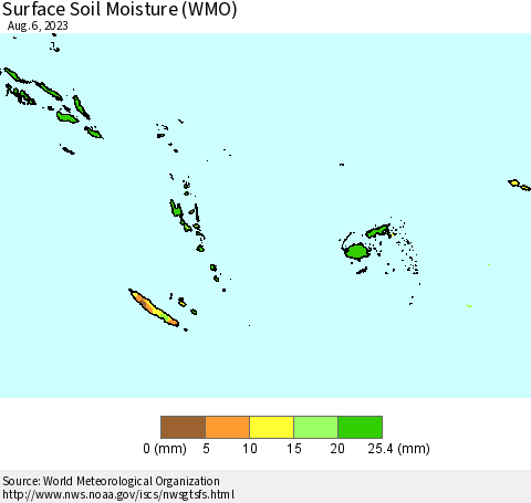 Fiji, Samoa, Solomon Isl. and Vanuatu Surface Soil Moisture (WMO) Thematic Map For 7/31/2023 - 8/6/2023