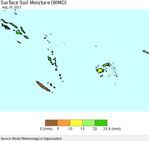 Fiji, Samoa, Solomon Isl. and Vanuatu Surface Soil Moisture (WMO) Thematic Map For 8/14/2023 - 8/20/2023