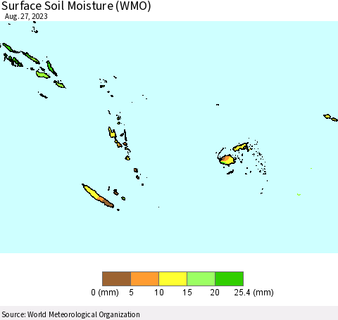 Fiji, Samoa, Solomon Isl. and Vanuatu Surface Soil Moisture (WMO) Thematic Map For 8/21/2023 - 8/27/2023