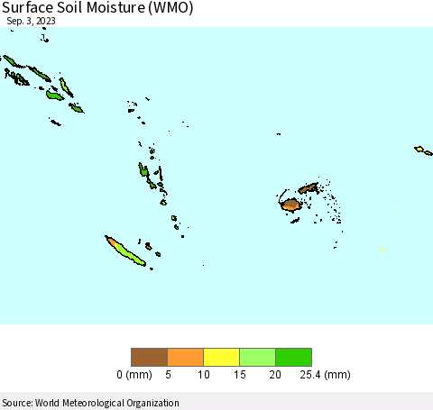 Fiji, Samoa, Solomon Isl. and Vanuatu Surface Soil Moisture (WMO) Thematic Map For 8/28/2023 - 9/3/2023