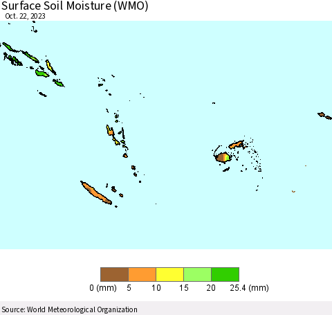 Fiji, Samoa, Solomon Isl. and Vanuatu Surface Soil Moisture (WMO) Thematic Map For 10/16/2023 - 10/22/2023
