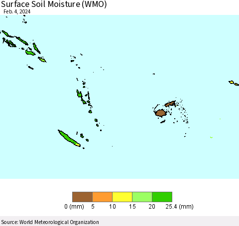 Fiji, Samoa, Solomon Isl. and Vanuatu Surface Soil Moisture (WMO) Thematic Map For 1/29/2024 - 2/4/2024