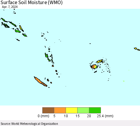 Fiji, Samoa, Solomon Isl. and Vanuatu Surface Soil Moisture (WMO) Thematic Map For 4/1/2024 - 4/7/2024