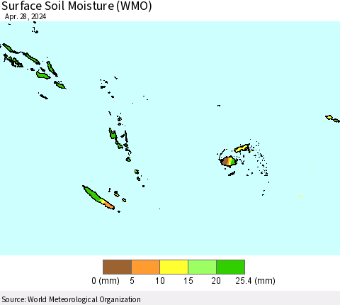 Fiji, Samoa, Solomon Isl. and Vanuatu Surface Soil Moisture (WMO) Thematic Map For 4/22/2024 - 4/28/2024