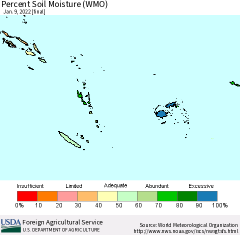 Fiji, Samoa, Solomon Isl. and Vanuatu Percent Soil Moisture (WMO) Thematic Map For 1/3/2022 - 1/9/2022