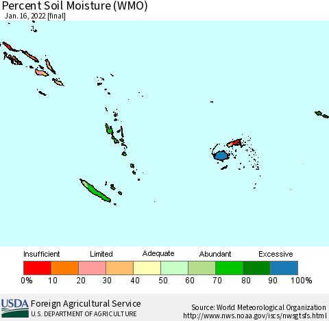 Fiji, Samoa, Solomon Isl. and Vanuatu Percent Soil Moisture (WMO) Thematic Map For 1/10/2022 - 1/16/2022