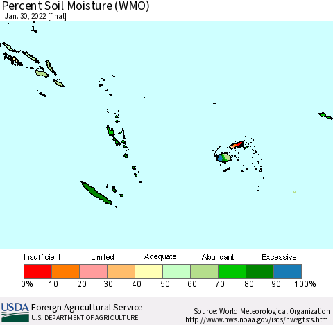 Fiji, Samoa, Solomon Isl. and Vanuatu Percent Soil Moisture (WMO) Thematic Map For 1/24/2022 - 1/30/2022