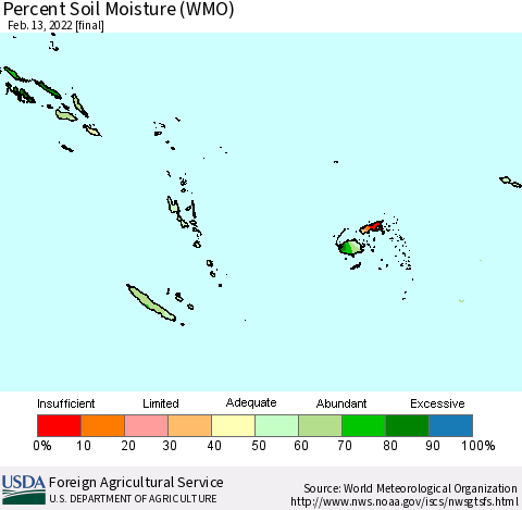 Fiji, Samoa, Solomon Isl. and Vanuatu Percent Soil Moisture (WMO) Thematic Map For 2/7/2022 - 2/13/2022