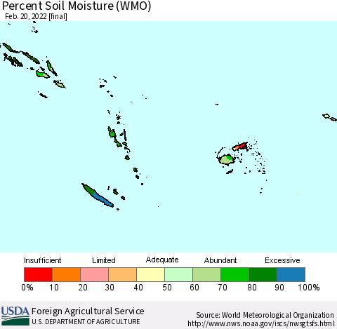 Fiji, Samoa, Solomon Isl. and Vanuatu Percent Soil Moisture (WMO) Thematic Map For 2/14/2022 - 2/20/2022