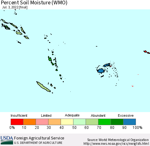 Fiji, Samoa, Solomon Isl. and Vanuatu Percent Soil Moisture (WMO) Thematic Map For 6/27/2022 - 7/3/2022