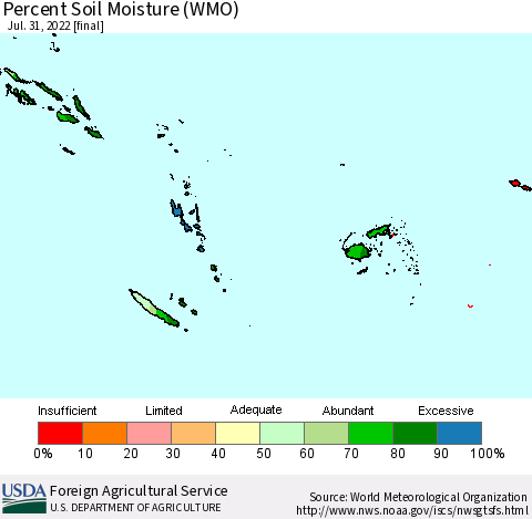 Fiji, Samoa, Solomon Isl. and Vanuatu Percent Soil Moisture (WMO) Thematic Map For 7/25/2022 - 7/31/2022