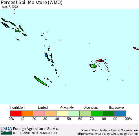 Fiji, Samoa, Solomon Isl. and Vanuatu Percent Soil Moisture (WMO) Thematic Map For 8/1/2022 - 8/7/2022