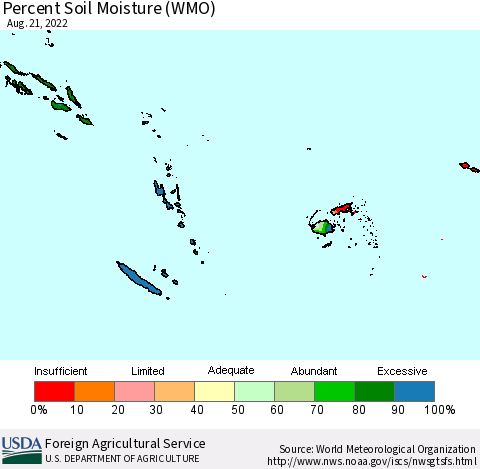 Fiji, Samoa, Solomon Isl. and Vanuatu Percent Soil Moisture (WMO) Thematic Map For 8/15/2022 - 8/21/2022