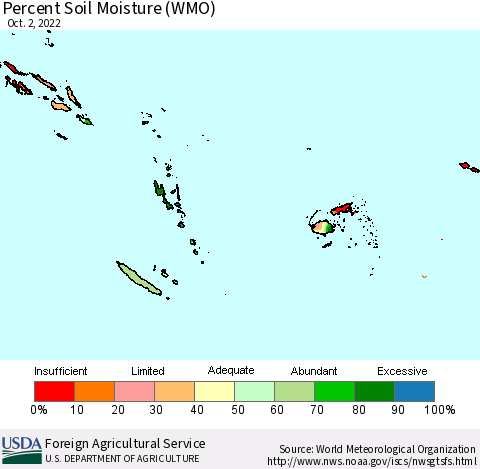 Fiji, Samoa, Solomon Isl. and Vanuatu Percent Soil Moisture (WMO) Thematic Map For 9/26/2022 - 10/2/2022
